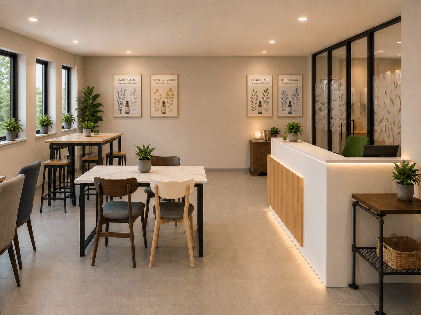 The Kaki Harmoni café area, with tables, plants and the signature experience posters