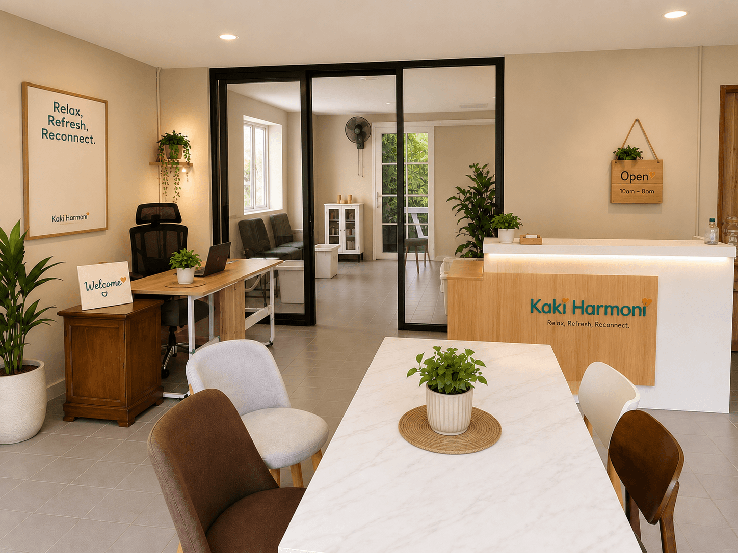 Inside Kaki Harmoni — the welcoming café and reception, with the marble table, plants and 'Relax, Refresh, Reconnect' sign