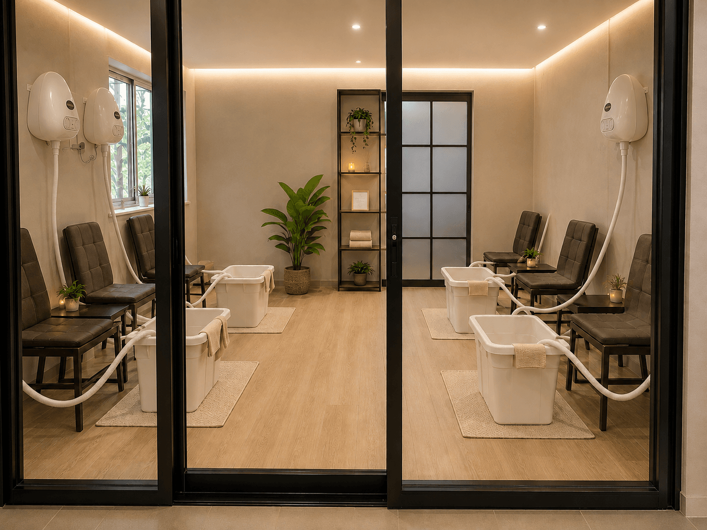 The Kaki Harmoni soaking room, with comfy chairs and plants