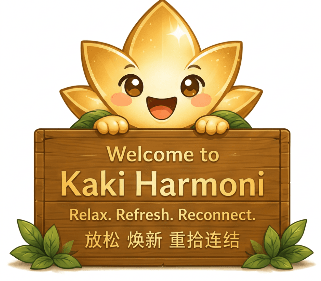 Lotti holding a wooden sign: Welcome to Kaki Harmoni — Relax. Refresh. Reconnect.