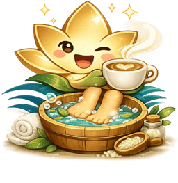 Lotti, the Kaki Harmoni lotus mascot, soaking her feet with a coffee