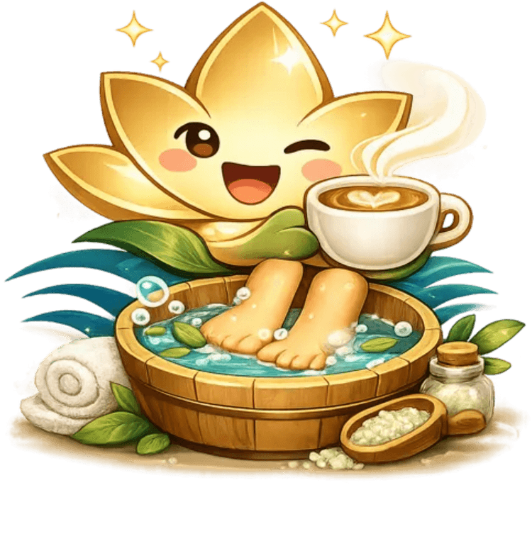 Lotti relaxing with her feet in a warm soak and a coffee