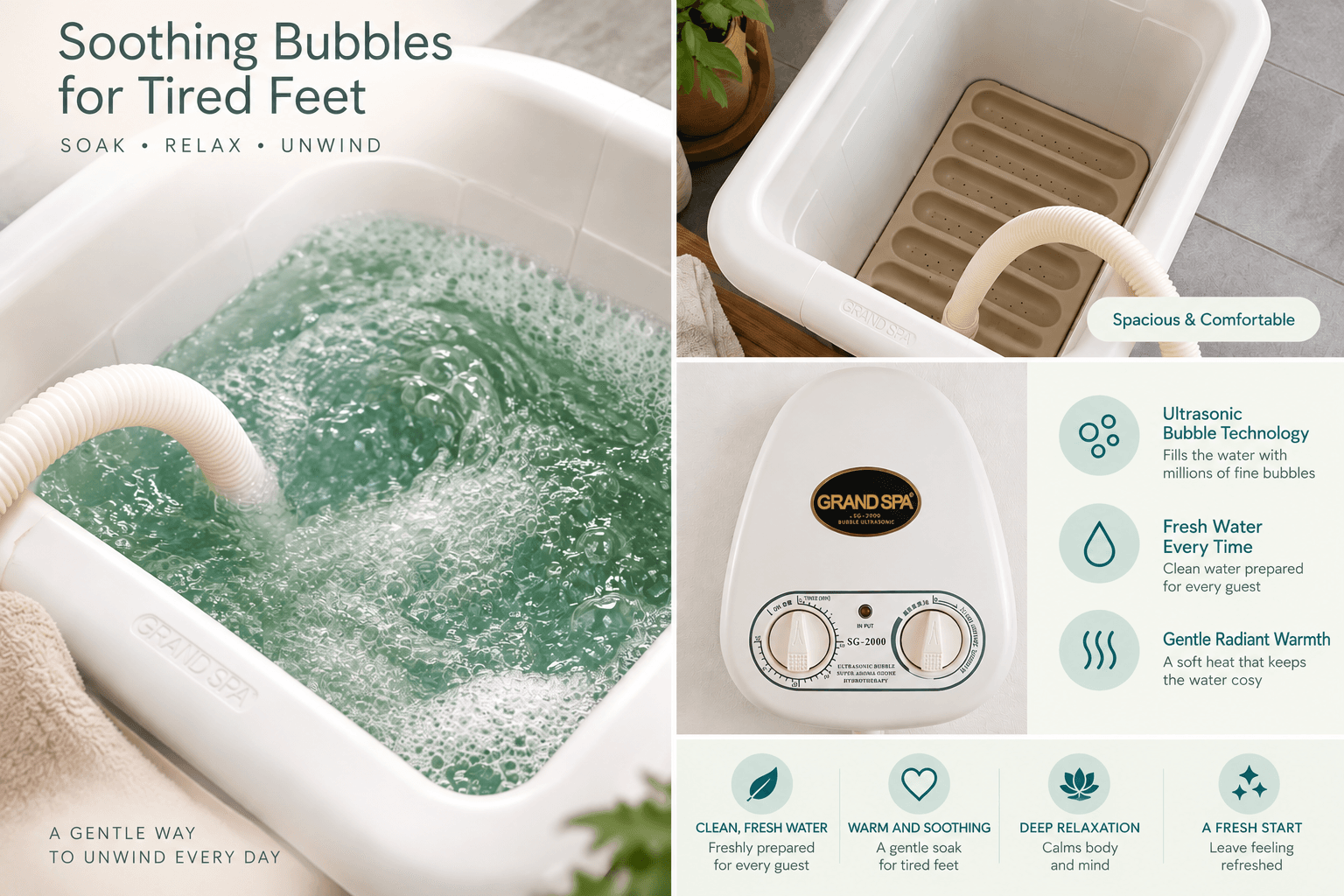 The Grand Spa foot spa at Kaki Harmoni — warm bubbling water and the roomy basin, with its ultrasonic bubbles, freshly prepared water and gentle radiant warmth