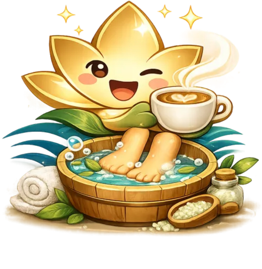 Lotti, the Kaki Harmoni lotus mascot, soaking her feet with a coffee